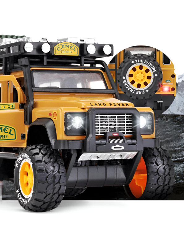 Land Rover Defender 1:24 Scale Diecast Off-Road SUV – Camel Trophy Edition Roof Rack & Detailed Accessories - Free Car Inside - LMI16541