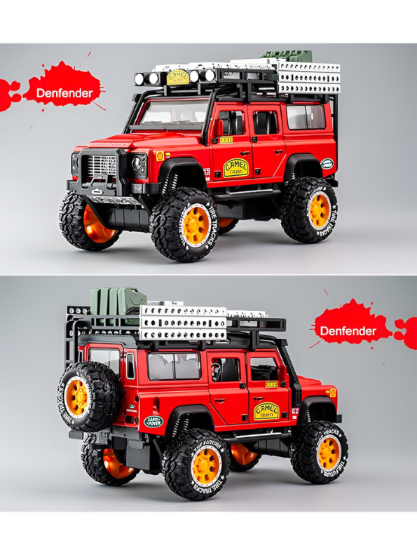 Red Land Rover Defender 1:24 Scale Diecast Off-Road SUV – Camel Trophy Edition Roof Rack & Detailed Accessories LMI16541