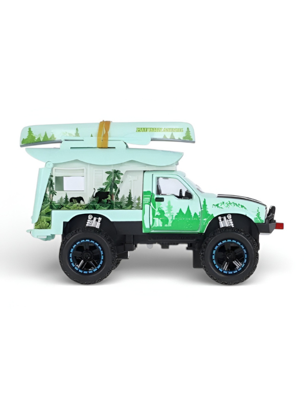 Green 4x4 Off-Road Adventure Camper Metal Toy Truck with Roof-Top Canoe – Safari SUV Toy Vehicle with Wilderness Graphics for Kids & Collectors LMI16426
