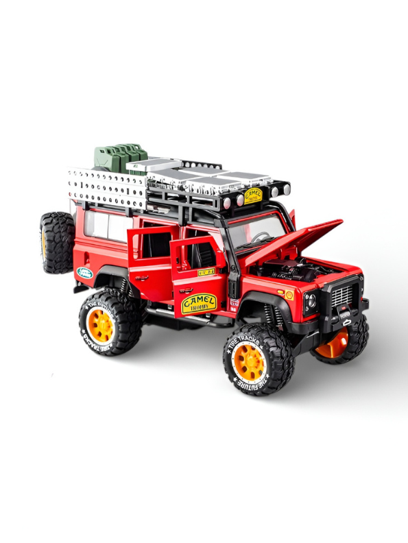 Red Land Rover Defender 1:24 Scale Diecast Off-Road SUV – Camel Trophy Edition Roof Rack & Detailed Accessories LMI16541