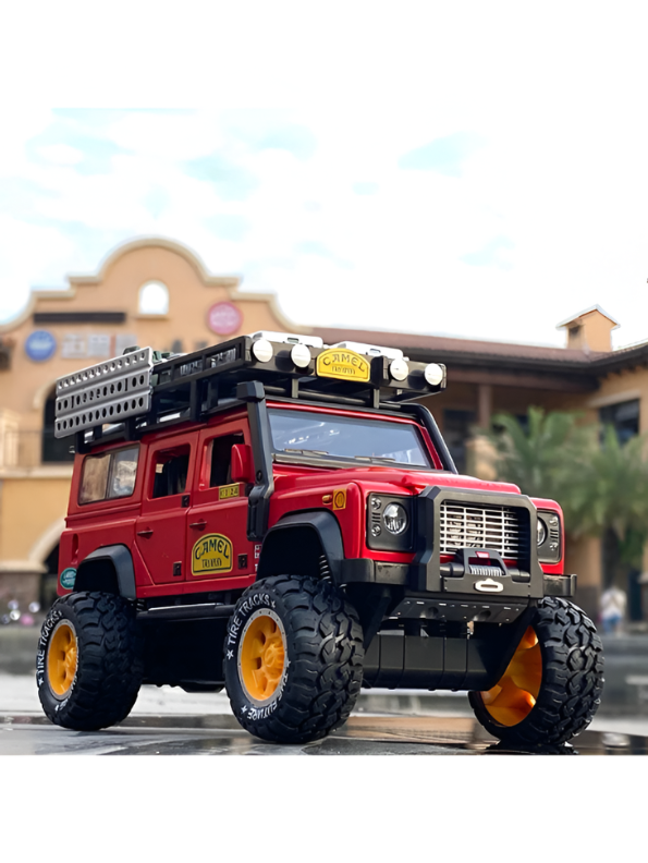 Red Land Rover Defender 1:24 Scale Diecast Off-Road SUV – Camel Trophy Edition Roof Rack & Detailed Accessories LMI16541