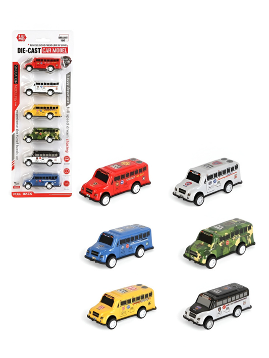 6-Piece Die-Cast Metal Toy Bus Set with Pull-Back Action – Mini Emergency Vehicle Models for Kids Ages 3+ LMI15342