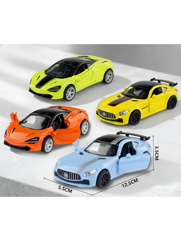 Premium 4-Piece Diecast Supercar Diecast Model Car | 1:36 Scale Pull-Back Metal Cars with Sound, Lights, and Opening Doors LMI13441