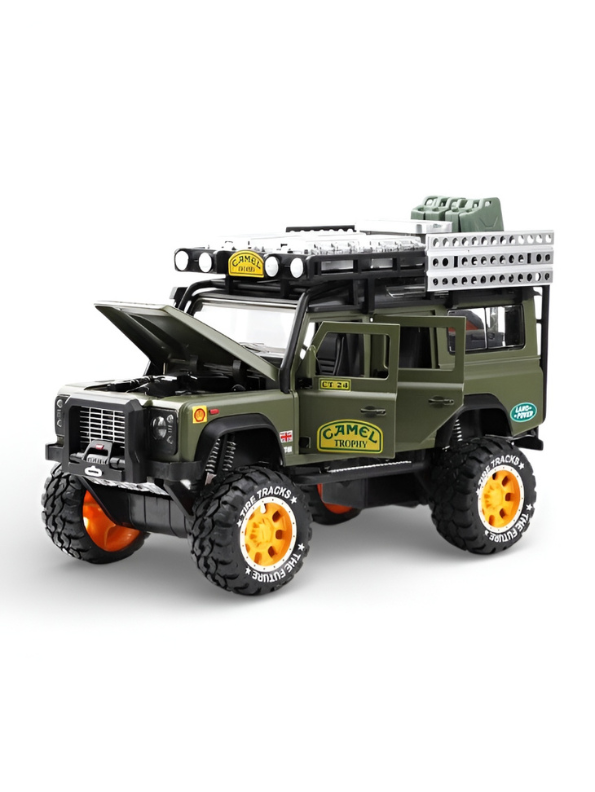 Green Land Rover Defender 1:24 Scale Diecast Off-Road SUV – Camel Trophy Edition Roof Rack & Detailed Accessories LMI16541