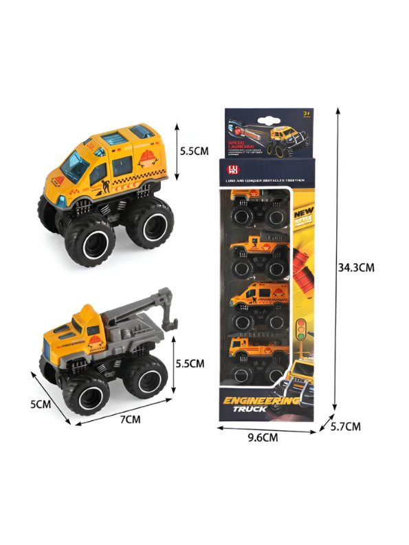 4-Piece Die-Cast Construction Engineering Truck Set - Mini Monster Vehicles with Friction Power & Moving Parts - Yellow Site Excavator, Tow Truck, & Mixer for Kids Ages 3+ NX16311