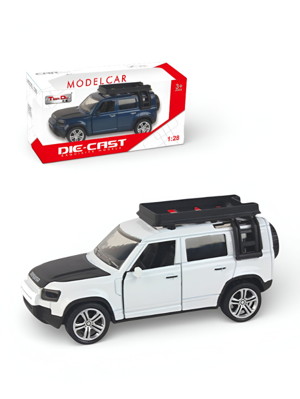 1:28 Die-Cast Land Rover Defender Model Car, White Off-Road Toy Vehicle with Roof Rack & Ladder, Collectible SUV LMI15813