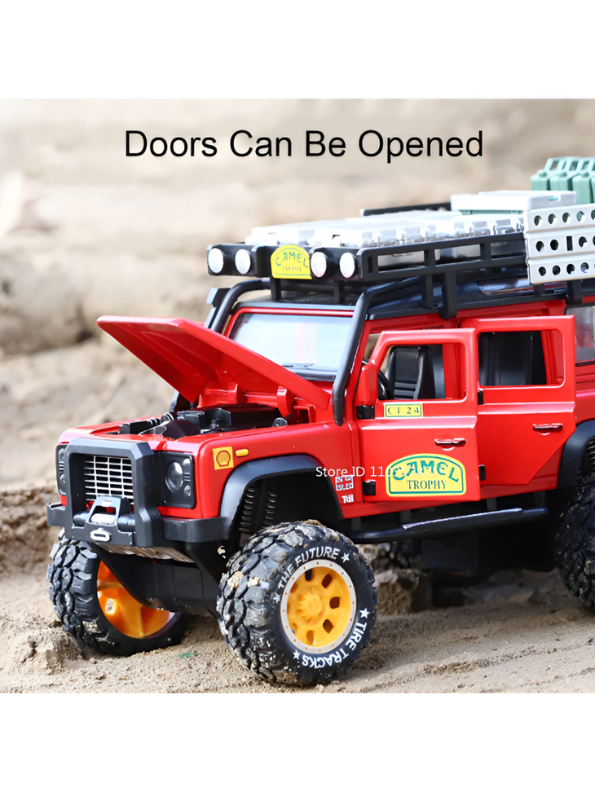 Red Land Rover Defender 1:24 Scale Diecast Off-Road SUV – Camel Trophy Edition Roof Rack & Detailed Accessories LMI16541