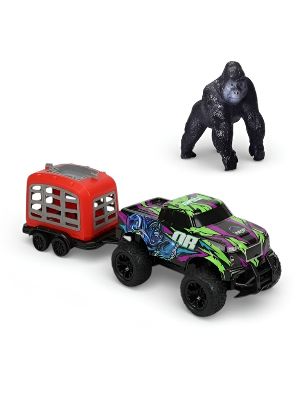 Remote Control Monster Truck Playset with Gorilla Figure & Detachable Trailer Cage – RC Diecast Beast Hauler Toy for Kids LMI15630