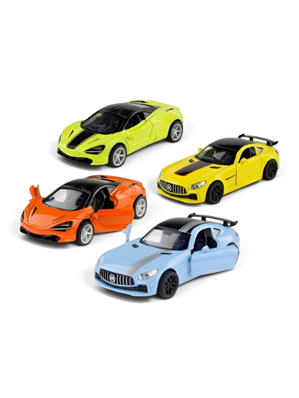 Premium 4-Piece Diecast Supercar Diecast Model Car | 1:36 Scale Pull-Back Metal Cars with Sound, Lights, and Opening Doors LMI13441