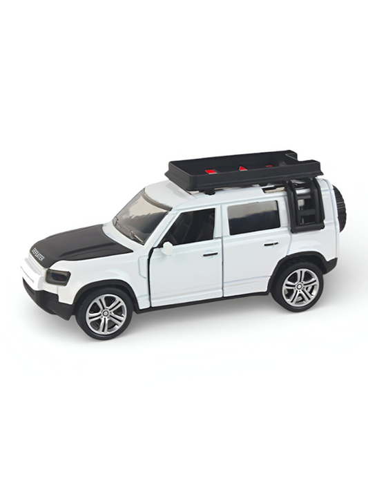 1:28 Die-Cast Land Rover Defender Model Car, White Off-Road Toy Vehicle with Roof Rack & Ladder, Collectible SUV LMI15813