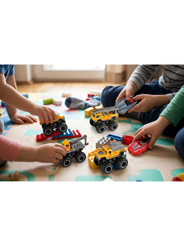 4-Piece Die-Cast Construction Engineering Truck Set - Mini Monster Vehicles with Friction Power & Moving Parts - Yellow Site Excavator, Tow Truck, & Mixer for Kids Ages 3+ NX16311