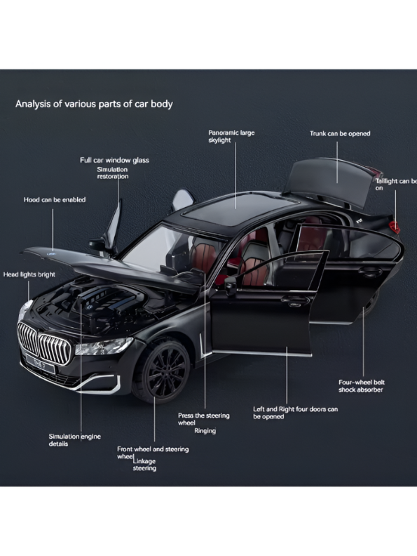 BMW 760 Li Alloy Metal Model Car – Black Scale 1:24 Premium Highly Detailed Simulation Replica with Steering Linkage and Functional Parts LMI16796