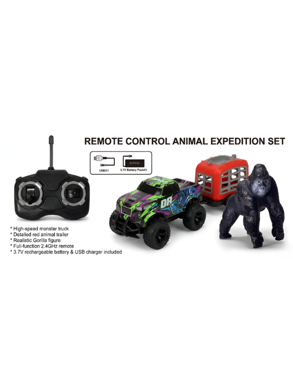 Remote Control Monster Truck Playset with Gorilla Figure & Detachable Trailer Cage – RC Diecast Beast Hauler Toy for Kids LMI15630