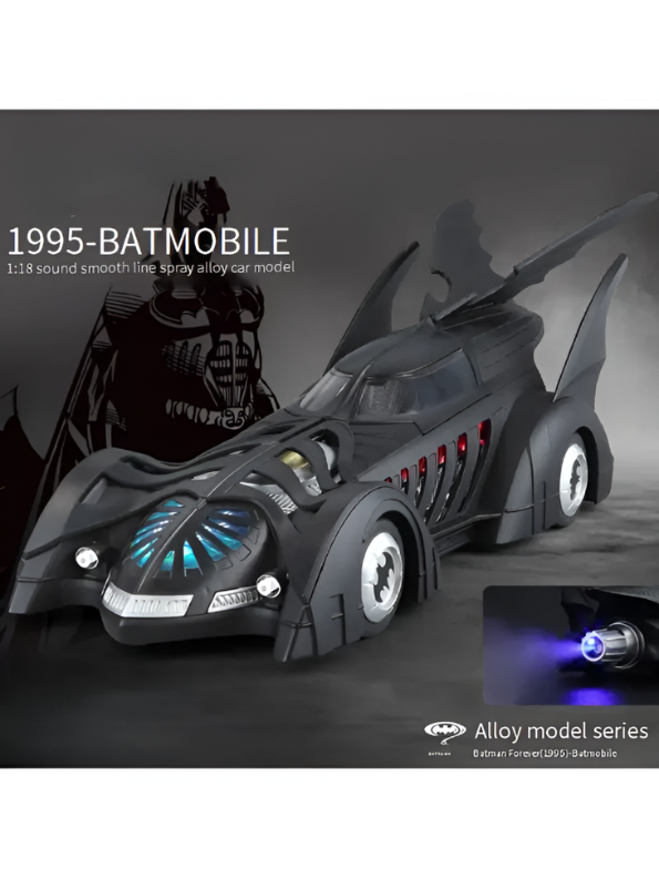 Authentic Batman Forever 1995 Batmobile 1:18 Scale Diecast Collectible Car with Glow Features – Black Action Vehicle for Kids & Collectors - Free Car Inside - LMI16348