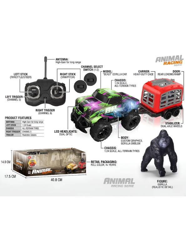 Remote Control Monster Truck Playset with Gorilla Figure & Detachable Trailer Cage – RC Diecast Beast Hauler Toy for Kids LMI15630