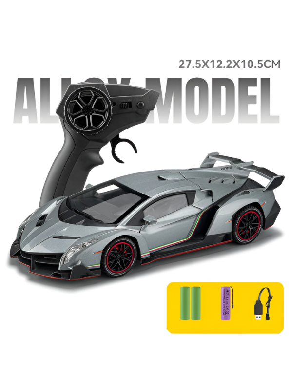 Grey Lamborghini Veneno 1:24 Scale Remote Control Car – Diecast Alloy Body RC Supercar with Pistol Grip Transmitter | Special Edition Racing Toy for Kids & Collectors LMI16577