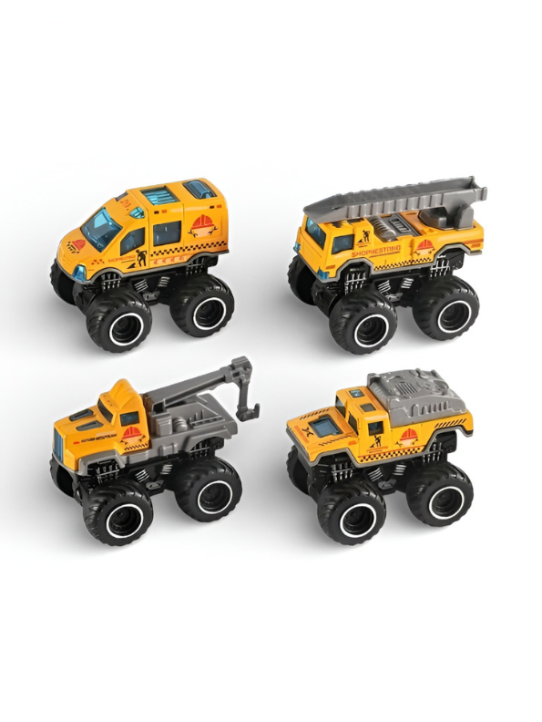 4-Piece Die-Cast Construction Engineering Truck Set - Mini Monster Vehicles with Friction Power & Moving Parts - Yellow Site Excavator, Tow Truck, & Mixer for Kids Ages 3+ NX16311