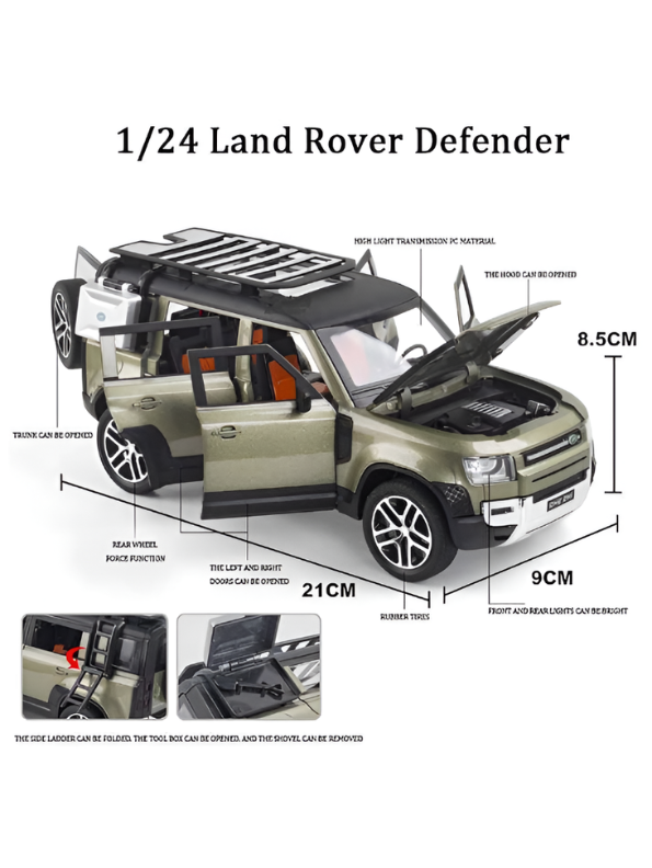 Land Rover Defender Diecast Model Car – 1:24 Scale Premium Metal Off-Road SUV Toy with Realistic Lights & Sound Effects LMI16545