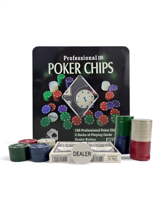 Professional 100-Piece Poker Chip Set with 2 Decks of Playing Cards and Dealer Button – Complete Casino Betting Game Kit for Adults and Family Game Night TV5420