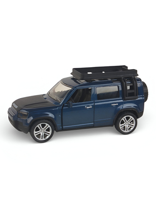 1:28 Die-Cast Land Rover Defender Model Car, Blue Off-Road Toy Vehicle with Roof Rack & Ladder, Collectible SUV Blue LMI15813