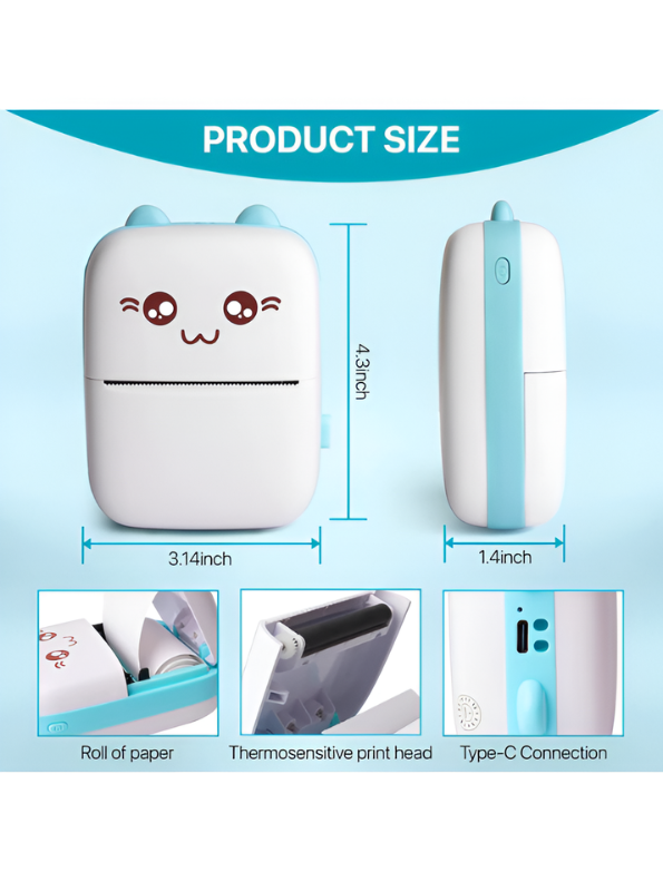 Cute Cat Wireless Pocket Printer - Portable Mini Bluetooth Thermal Photo Printer for Kids & DIY Journaling - Compact Inkless Label Maker Machine for Notes, Memos, and Scrapbooking TV5402