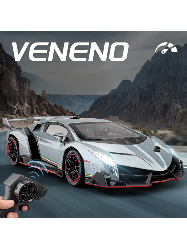 Grey Lamborghini Veneno 1:24 Scale Remote Control Car – Diecast Alloy Body RC Supercar with Pistol Grip Transmitter | Special Edition Racing Toy for Kids & Collectors LMI16577