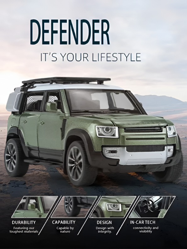 Land Rover Defender Diecast Model Car – 1:24 Scale Premium Metal Off-Road SUV Toy with Realistic Lights & Sound Effects LMI16545
