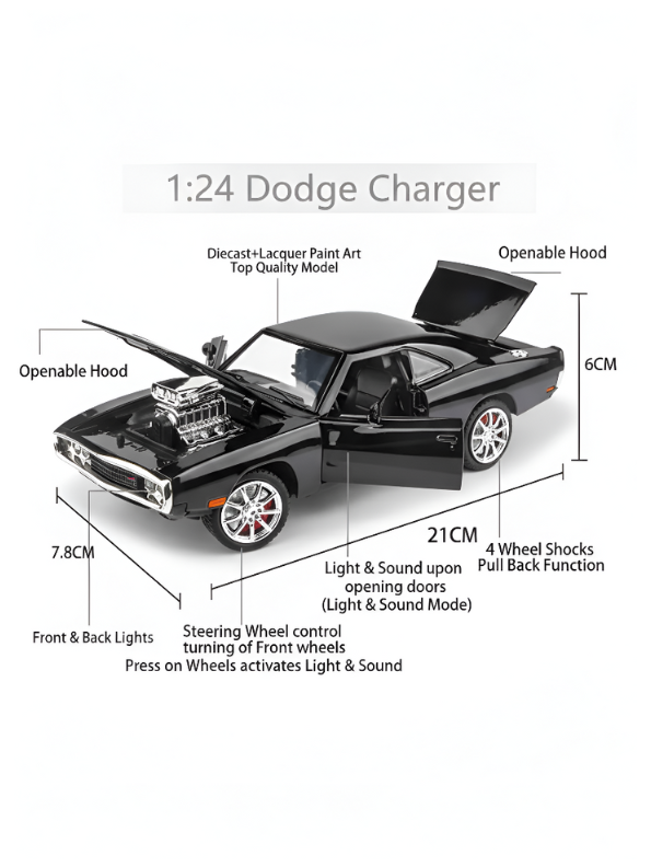 1970 Dodge Charger R/T Diecast Model Car - 1:24 Scale Black Muscle Car with Blower - Dom’s Fast & Furious Inspired Edition LMI15517