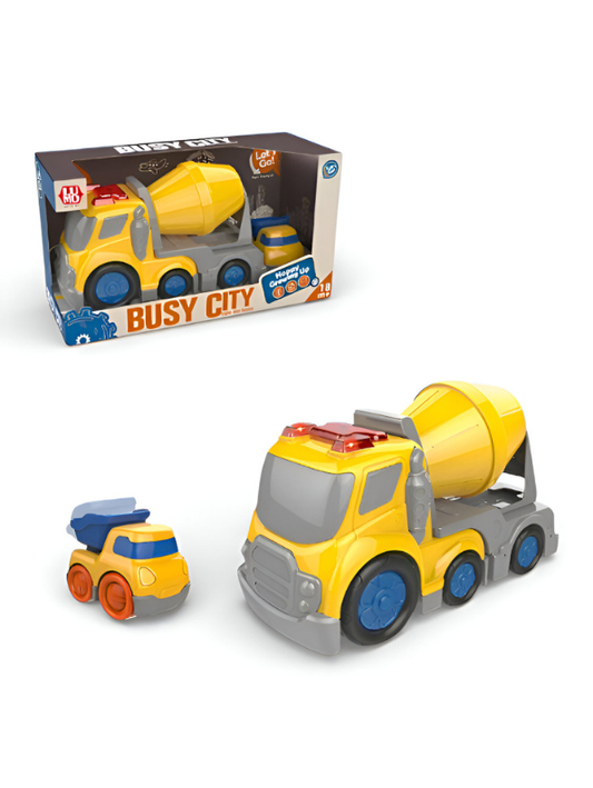 Busy City Cement Mixer & Mini Dump Truck Toy Set with Lights & Sound – 2-Piece Construction Vehicle Playset for Toddlers 18 Months+ NX13342