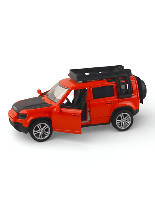 1:28 Die-Cast Land Rover Defender Model Car, Orange Off-Road Toy Vehicle with Roof Rack & Ladder, Collectible SUV Red LMI15813