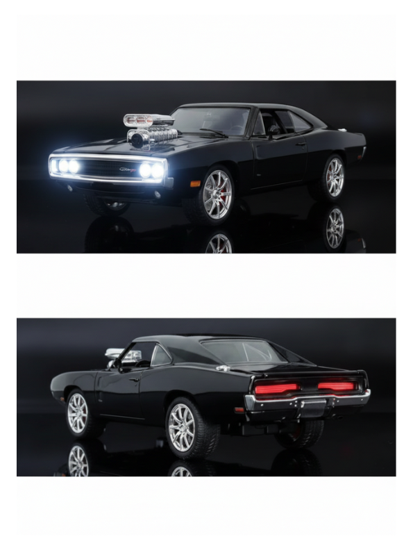 1970 Dodge Charger R/T Diecast Model Car - 1:24 Scale Black Muscle Car with Blower - Dom’s Fast & Furious Inspired Edition LMI15517