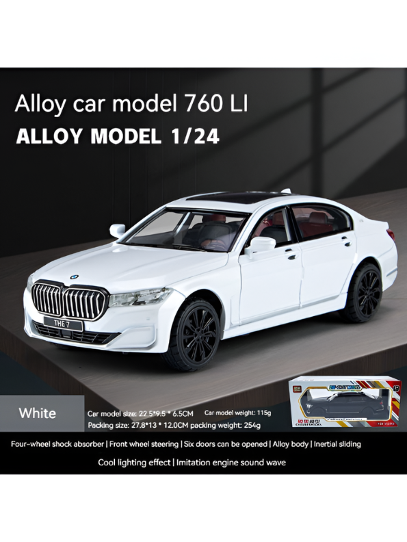 BMW 760 Li Alloy Metal Model Car – White Scale 1:24 Premium Highly Detailed Simulation Replica with Steering Linkage and Functional Parts LMI16796