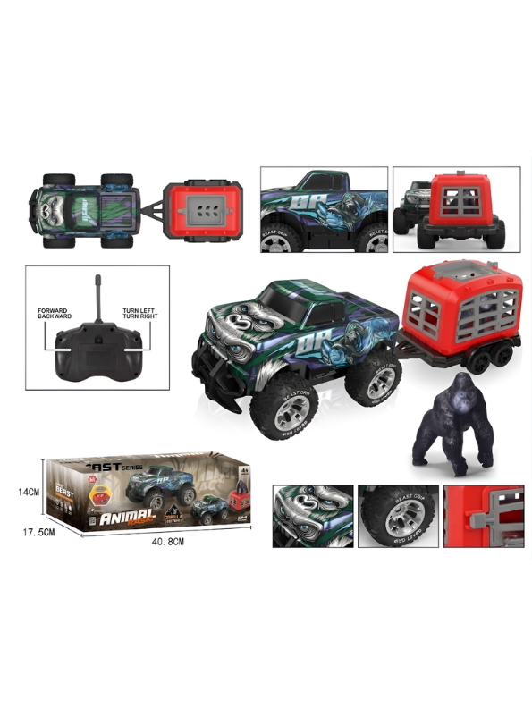 Remote Control Monster Truck Playset with Gorilla Figure & Detachable Trailer Cage – RC Diecast Beast Hauler Toy for Kids LMI15630
