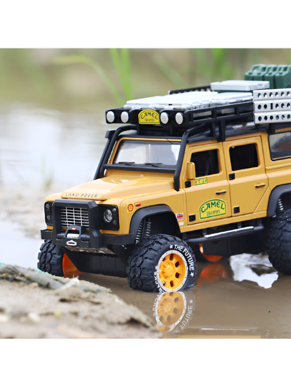 Land Rover Defender 1:24 Scale Diecast Off-Road SUV – Camel Trophy Edition Roof Rack & Detailed Accessories - Free Car Inside - LMI16541