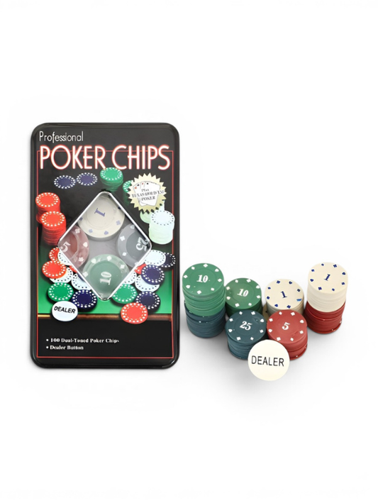 Poker Chips Set with Dealer Button and Tin Case - Premium Dual-Toned Gaming Tokens for Texas Hold'em, Blackjack, and Casino Night Party Games TV5419