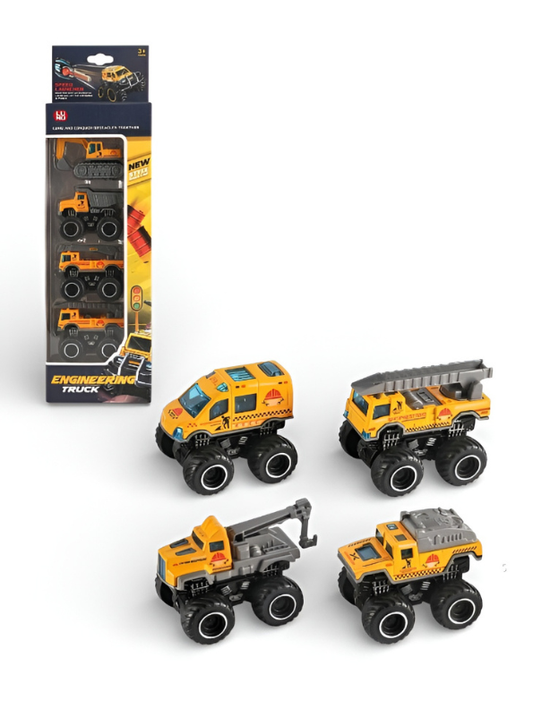 4-Piece Die-Cast Construction Engineering Truck Set - Mini Monster Vehicles with Friction Power & Moving Parts - Yellow Site Excavator, Tow Truck, & Mixer for Kids Ages 3+ NX16311