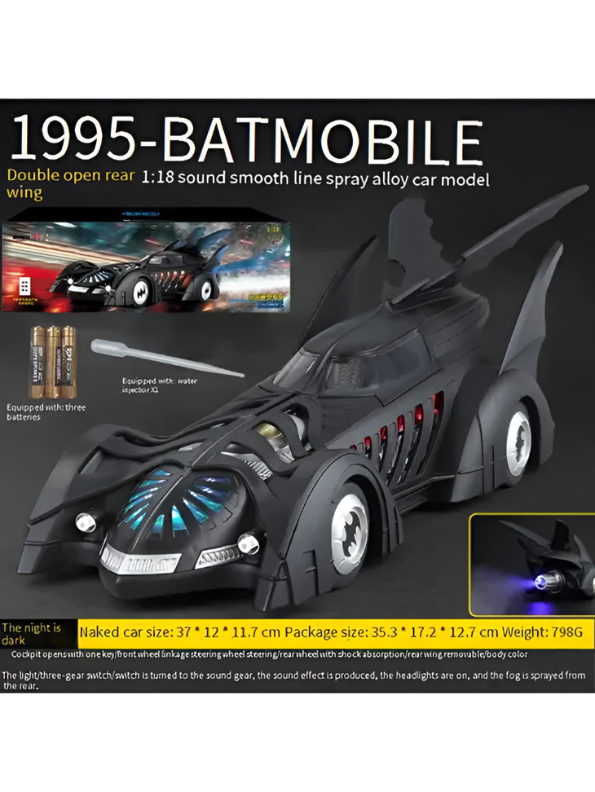 Authentic Batman Forever 1995 Batmobile 1:18 Scale Diecast Collectible Car with Glow Features – Black Action Vehicle for Kids & Collectors - Free Car Inside - LMI16348