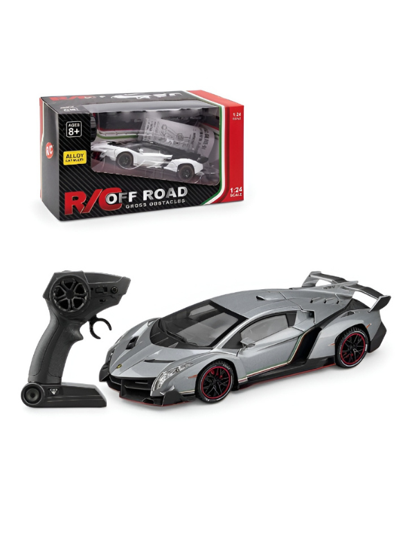 Grey Lamborghini Veneno 1:24 Scale Remote Control Car – Diecast Alloy Body RC Supercar with Pistol Grip Transmitter | Special Edition Racing Toy for Kids & Collectors LMI16577