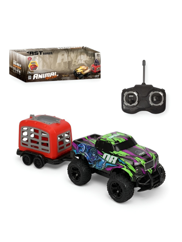 Remote Control Monster Truck Playset with Gorilla Figure & Detachable Trailer Cage – RC Diecast Beast Hauler Toy for Kids LMI15630