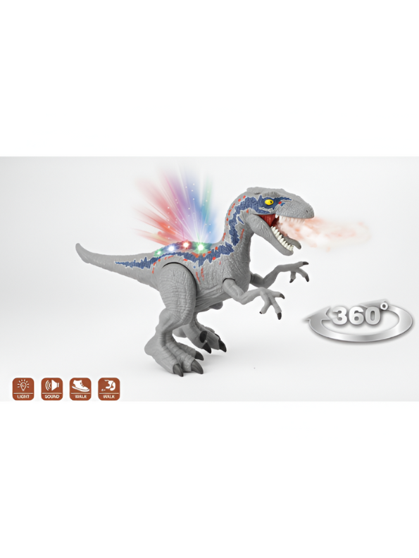 Grey Electronic Walking Velociraptor Dinosaur Toy with Roaring Sounds and LED Glowing Eyes - Battery Operated Realistic Dino Figure for Kids Boys & Girls LMI10429