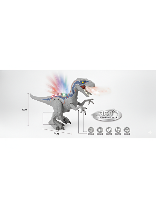Grey Electronic Walking Velociraptor Dinosaur Toy with Roaring Sounds and LED Glowing Eyes - Battery Operated Realistic Dino Figure for Kids Boys & Girls LMI10429