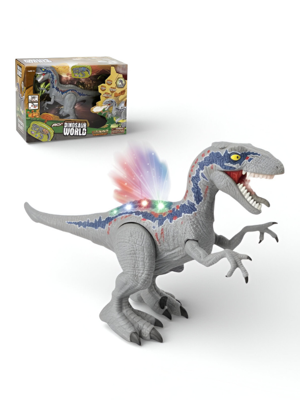 Grey Electronic Walking Velociraptor Dinosaur Toy with Roaring Sounds and LED Glowing Eyes - Battery Operated Realistic Dino Figure for Kids Boys & Girls LMI10429