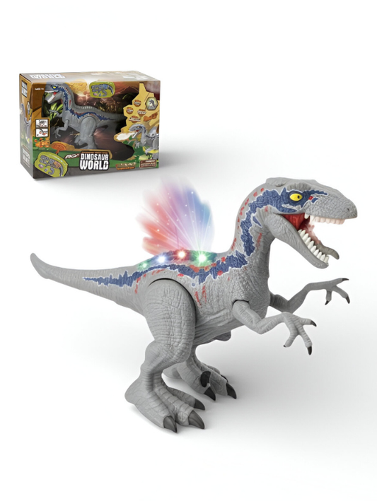 Grey Electronic Walking Velociraptor Dinosaur Toy with Roaring Sounds and LED Glowing Eyes - Battery Operated Realistic Dino Figure for Kids Boys & Girls LMI10429