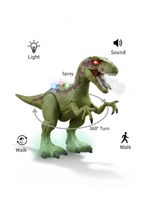 Green Electronic Walking Velociraptor Dinosaur Toy with Roaring Sounds and LED Glowing Eyes - Battery Operated Realistic Dino Figure for Kids Boys & Girls LMI10429