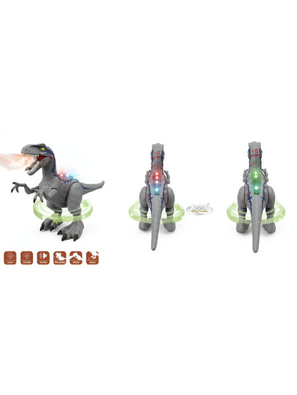Grey Electronic Walking Velociraptor Dinosaur Toy with Roaring Sounds and LED Glowing Eyes - Battery Operated Realistic Dino Figure for Kids Boys & Girls LMI10429