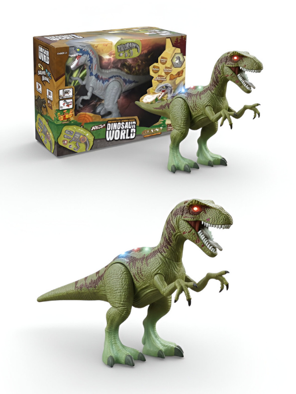 Green Electronic Walking Velociraptor Dinosaur Toy with Roaring Sounds and LED Glowing Eyes - Battery Operated Realistic Dino Figure for Kids Boys & Girls LMI10429