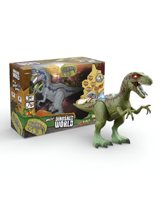 Green Electronic Walking Velociraptor Dinosaur Toy with Roaring Sounds and LED Glowing Eyes - Battery Operated Realistic Dino Figure for Kids Boys & Girls LMI10429