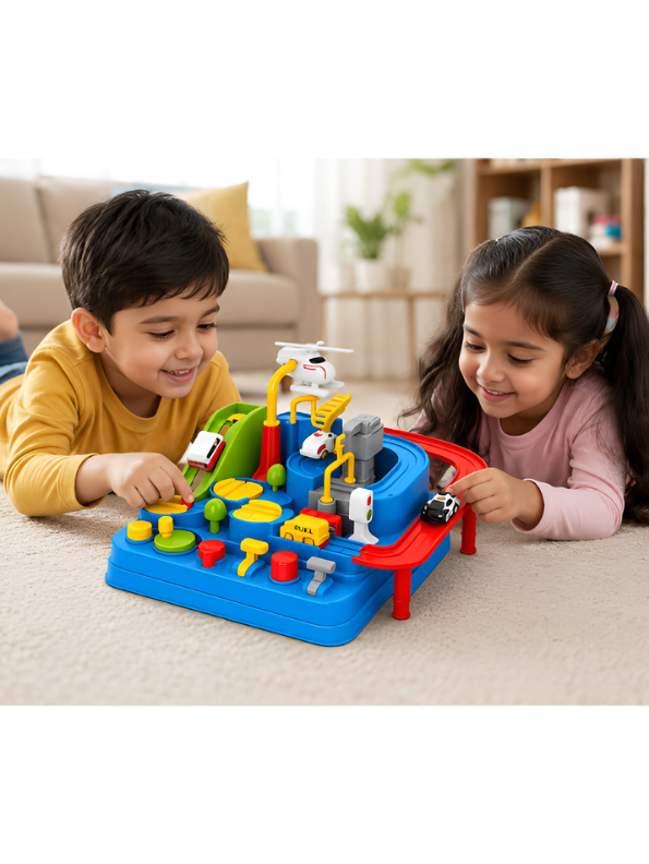 DIY Adventure Car Track Play Set for Kids Ages 3+ – Interactive City Rescue Car Adventure Toy with Mini Vehicles, Helicopter & Manual Buttons TV5753