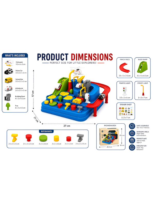 DIY Adventure Car Track Play Set for Kids Ages 3+ – Interactive City Rescue Car Adventure Toy with Mini Vehicles, Helicopter & Manual Buttons TV5753