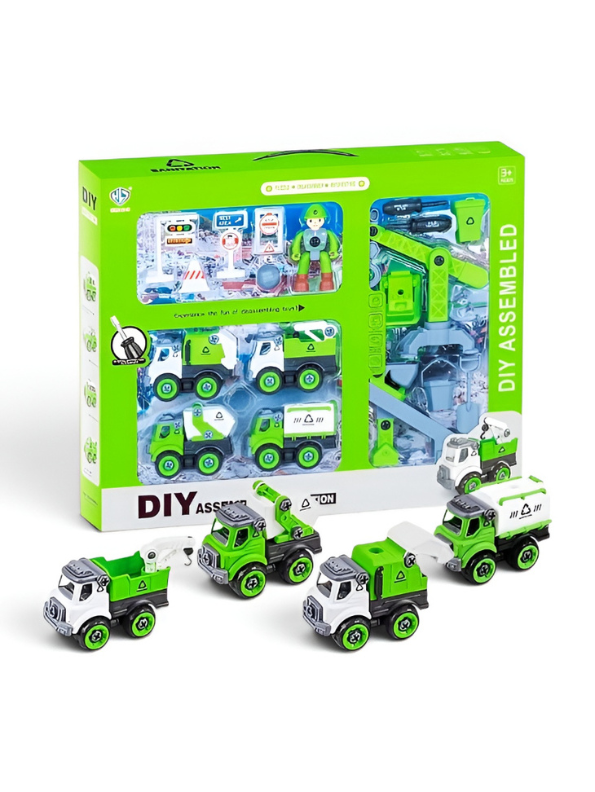 DIY Assembled Sanitation Truck Toy Set with STEM Tools & Play Mat 4-Pack TV6660
